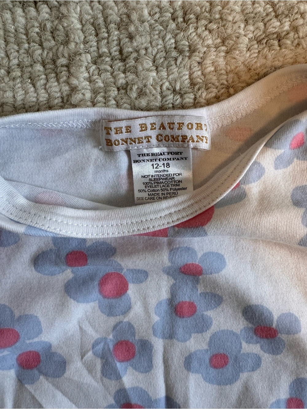 The Beaufort Bonnet Company, size 12-18 month, Wendy’s warm floral lace onesie